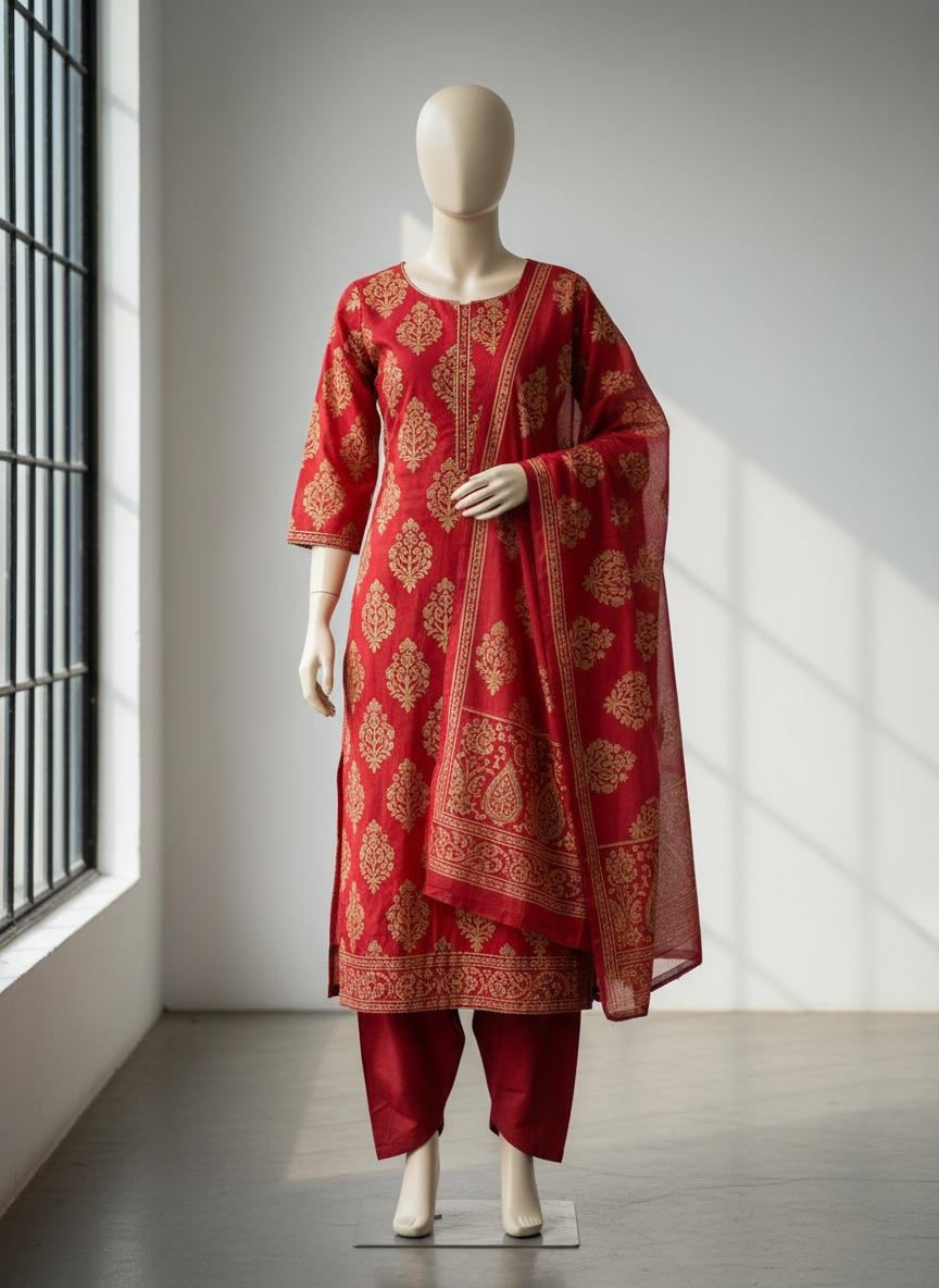 Printed Cotton Suit Set - Red
