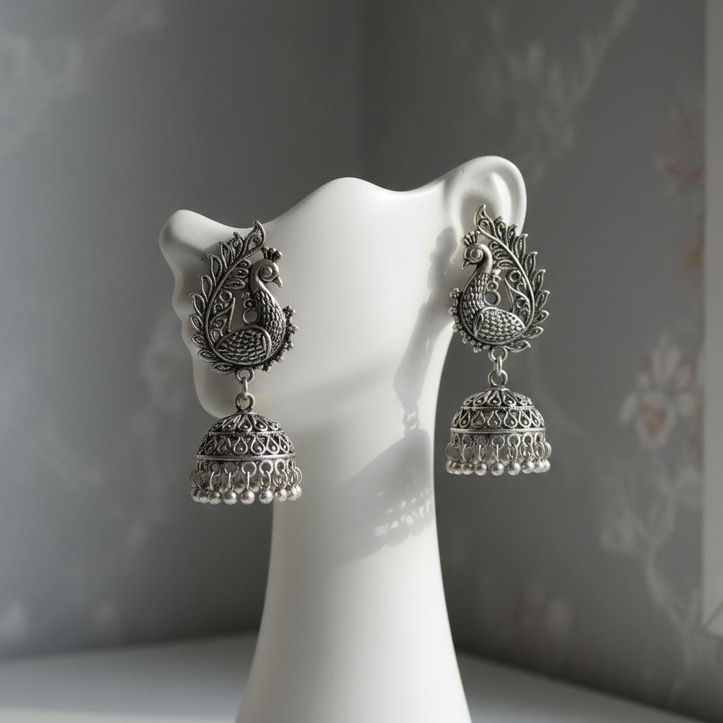 Oxidized Silver Jhumka Earrings